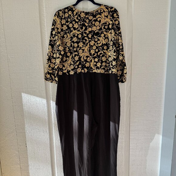 NWOT Jumpsuit 2XL Formal 3/4 Sleeve Black & Gold Leaf Design Evening Event - Picture 5 of 5